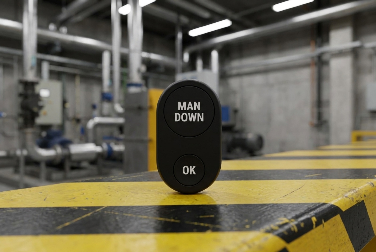 A matte-black Flic Duo with MAN DOWN and OK triggers, set on the yellow safety stripe of a factory floor — wearable cross-vertical safety.