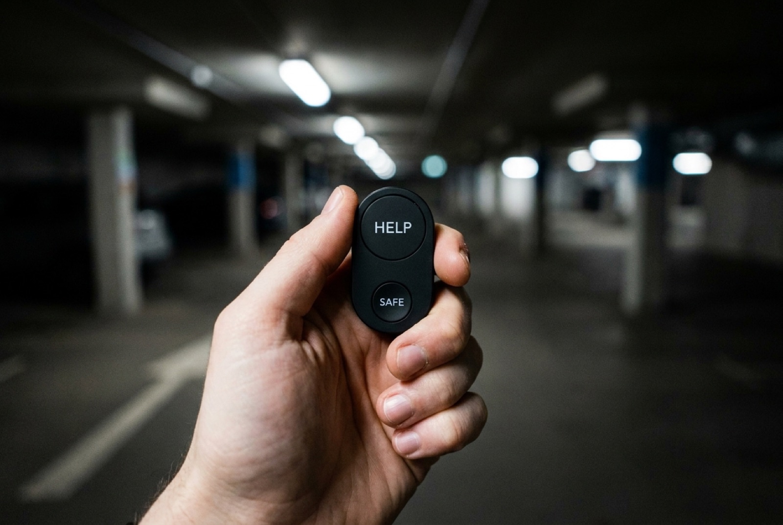 A matte-black Flic Duo with HELP and SAFE triggers, held up in a dimly lit parking garage — the personal-safety scenario WorkSafe Guardian deploys against.