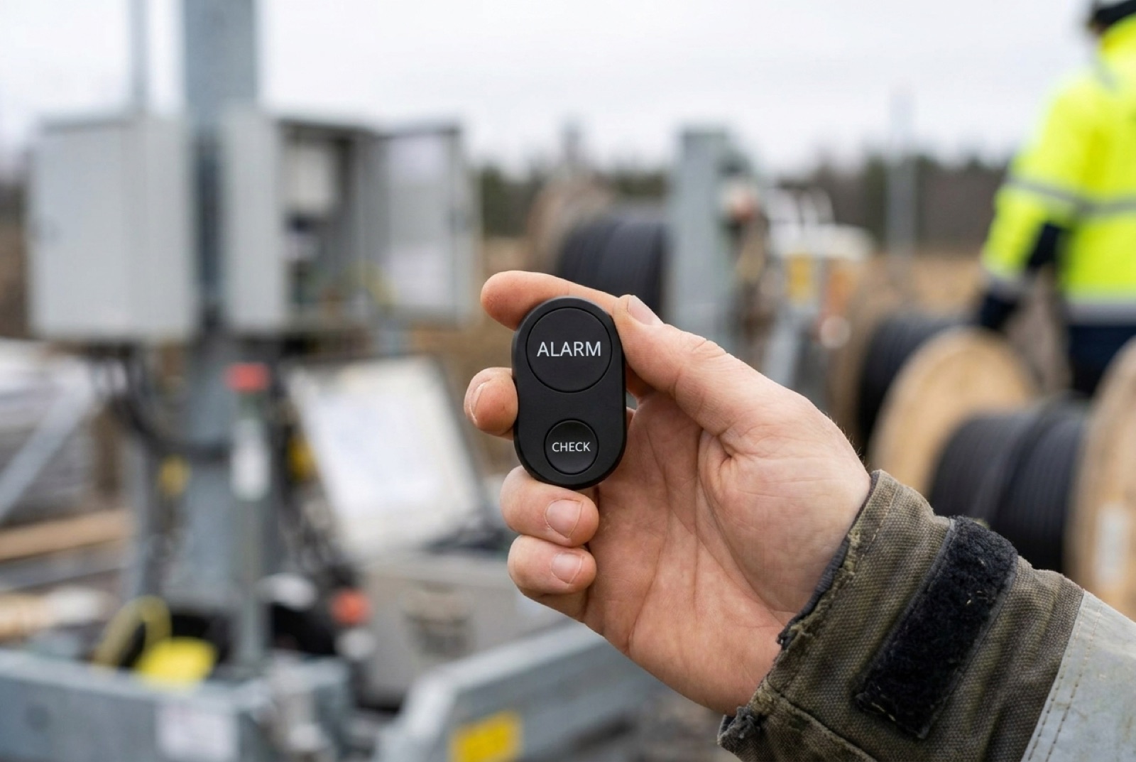 A matte-black Flic Duo with ALARM and CHECK triggers, held up at a utility installation site — the kind of remote, wearable lone-worker scenario WorkSafe Guardian protects.