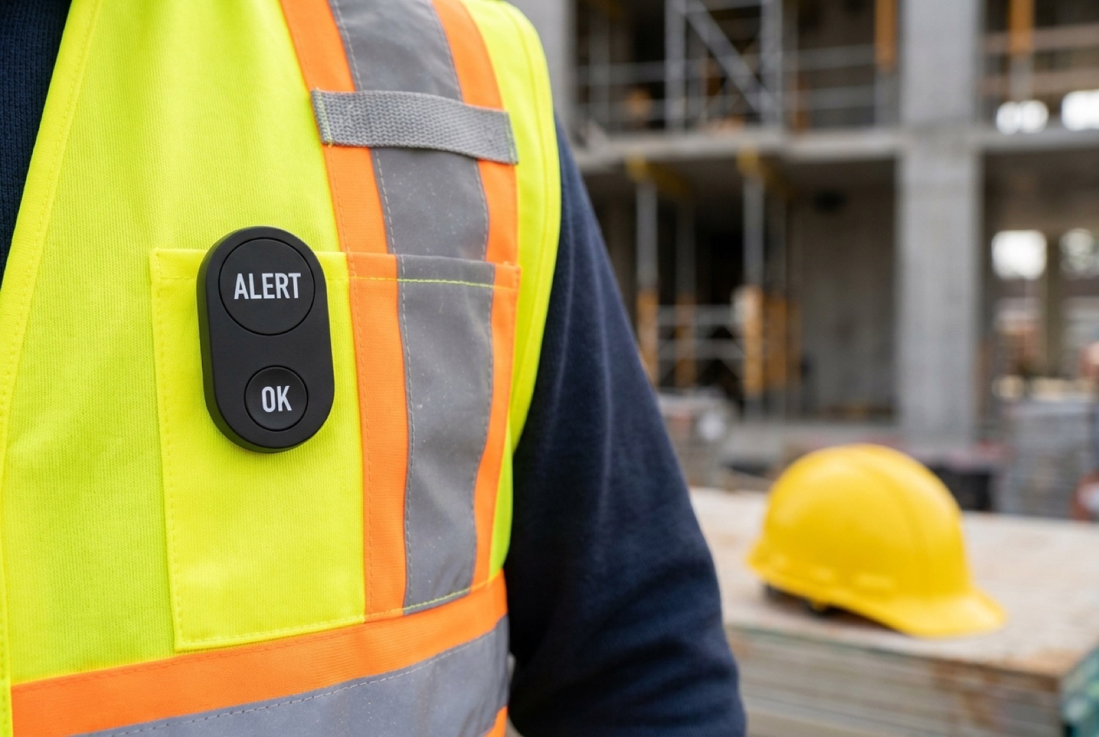 A matte-black Flic Duo with ALERT and OK triggers, clipped to a high-visibility tactical vest.