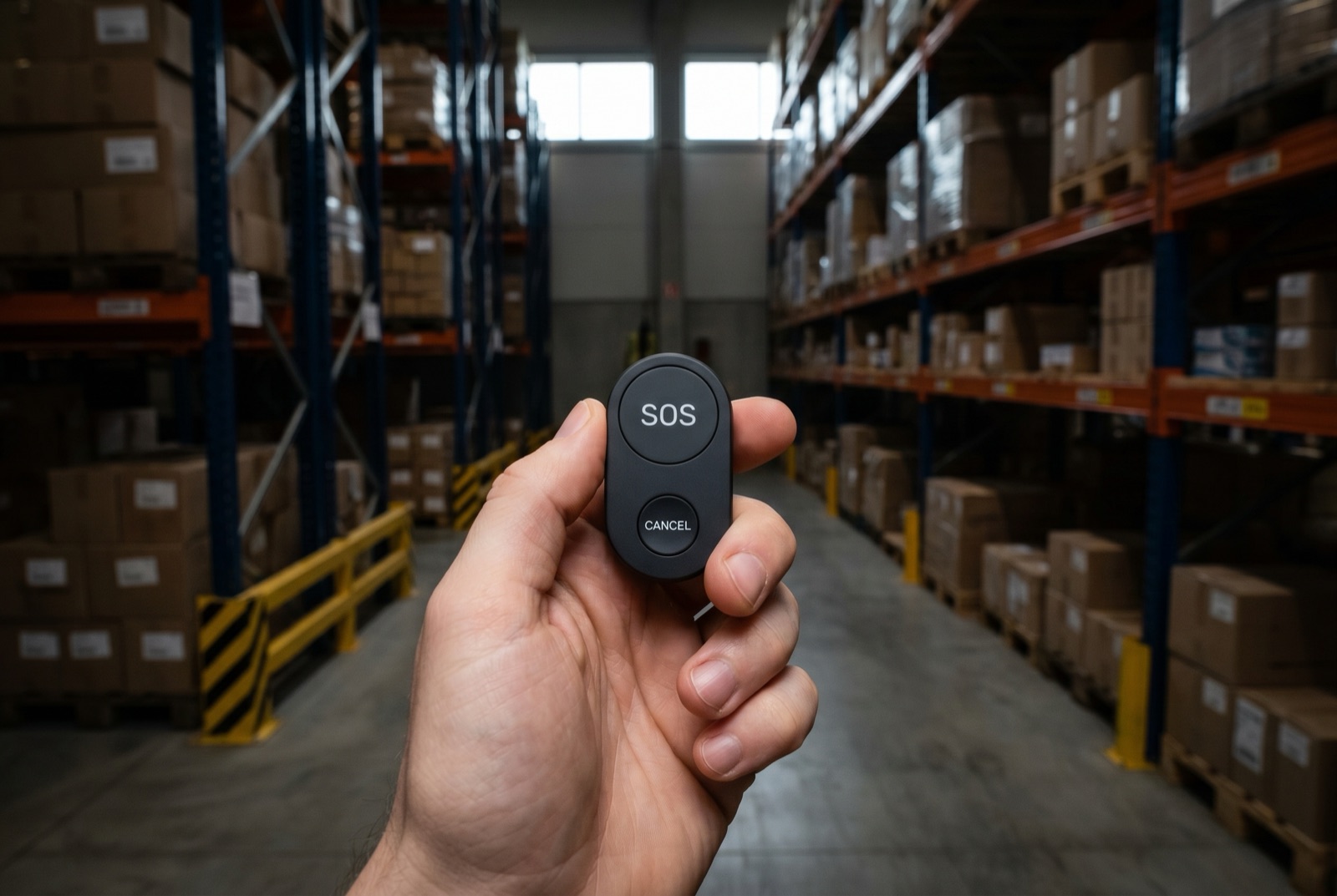 A matte-black Flic Duo with SOS and CANCEL triggers, held up to show the dual-button face.