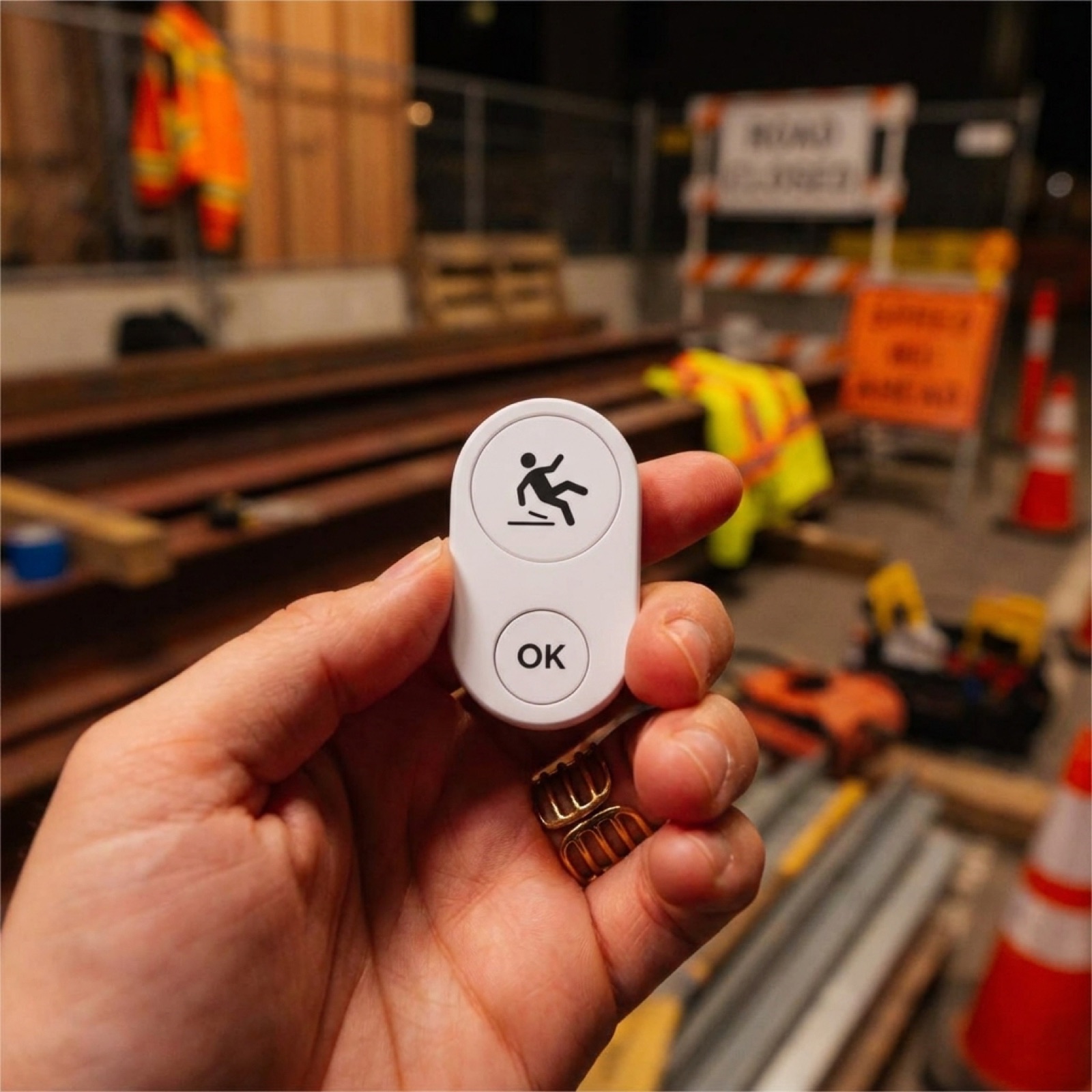 A white Flic Duo with a fall-icon trigger and OK confirmation, held up at a construction site after-hours — the canonical fall-detection use case.