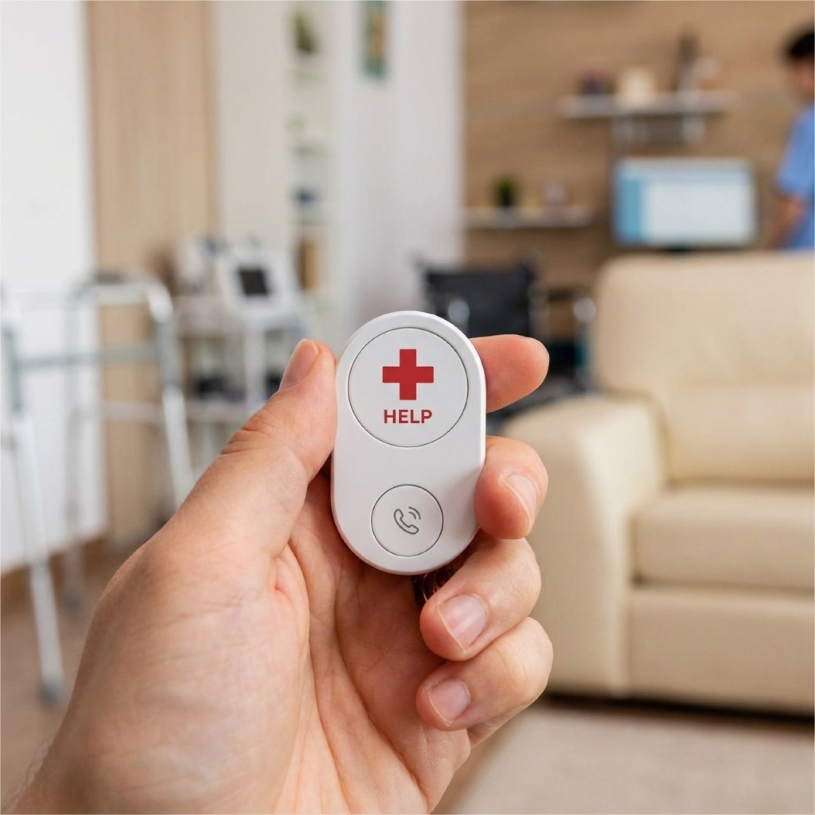 A white Flic Duo with a red HELP cross and a phone-call cancel, held up in a home-care setting with a wheelchair and walker visible behind.