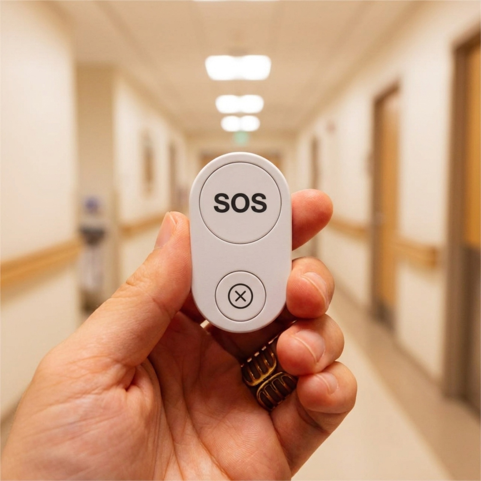 A white Flic Duo with SOS and cancel triggers, held up in a hospital corridor — the wearable nurse-call alternative.
