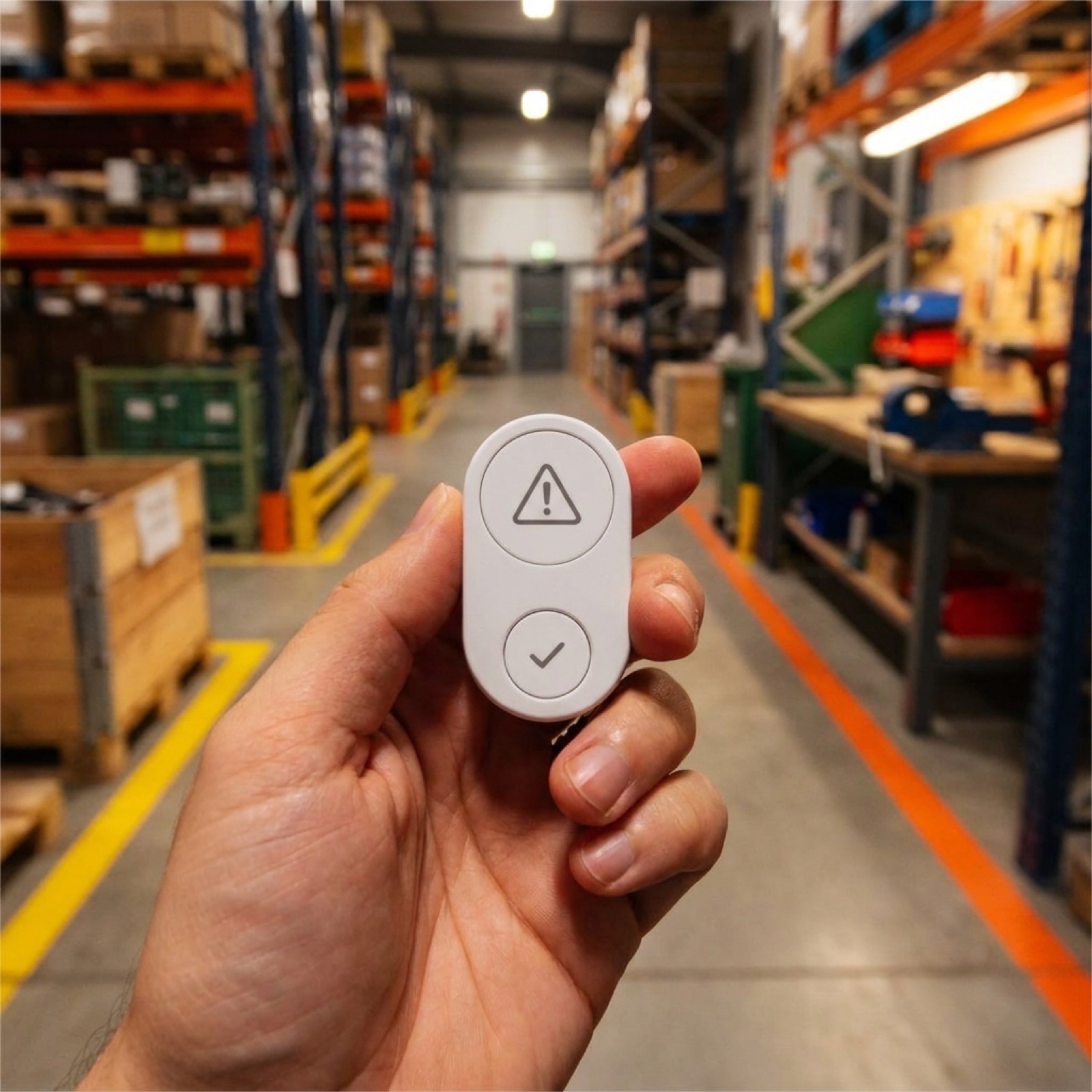 A white Flic Duo with a warning-triangle alert and check-mark cancel, held up in a working warehouse — Evaluation Kits in real environments.