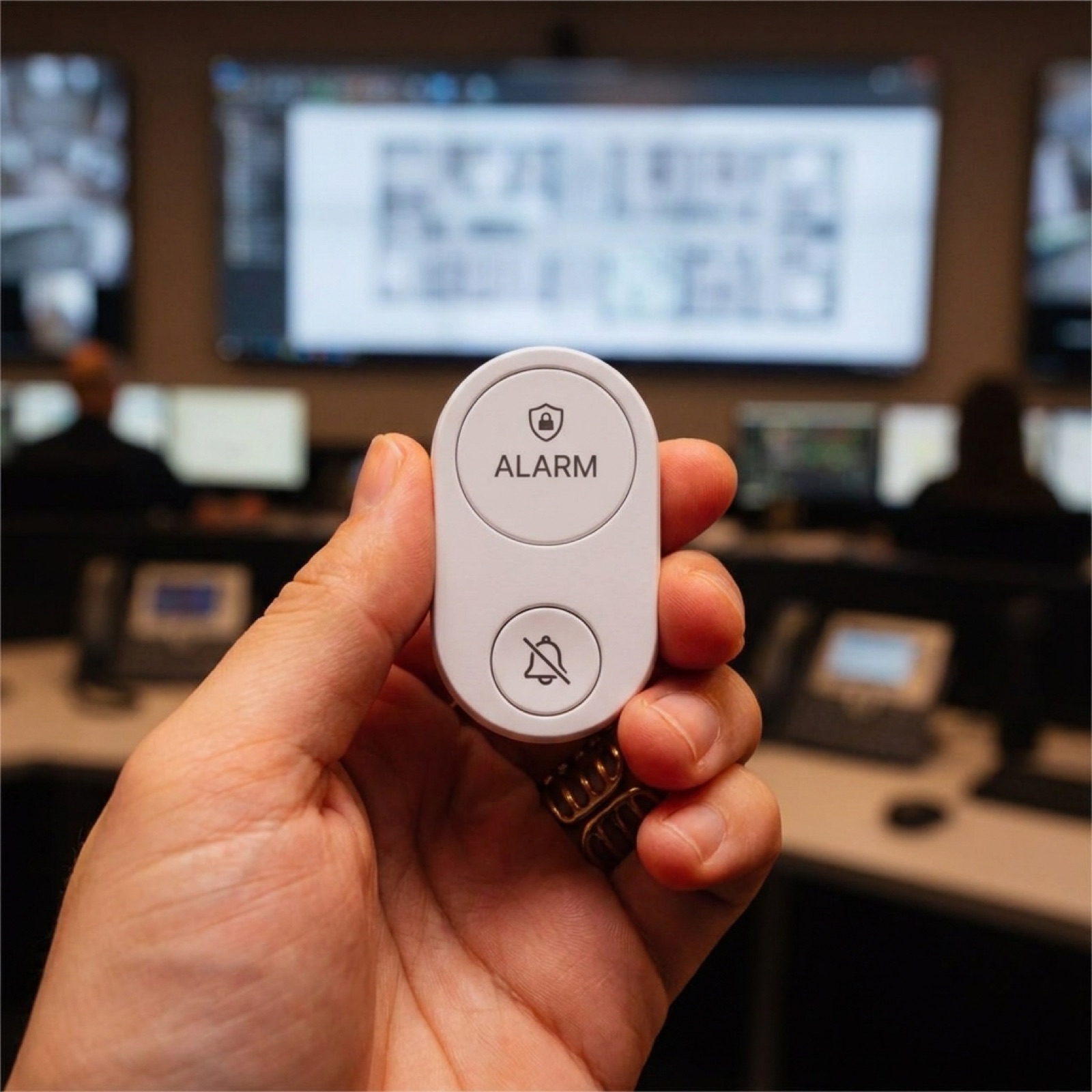 A white Flic Duo with ALARM and silence triggers, held up in a 24/7 security control room with monitoring screens behind — the receiving side of the fall-detection webhook.