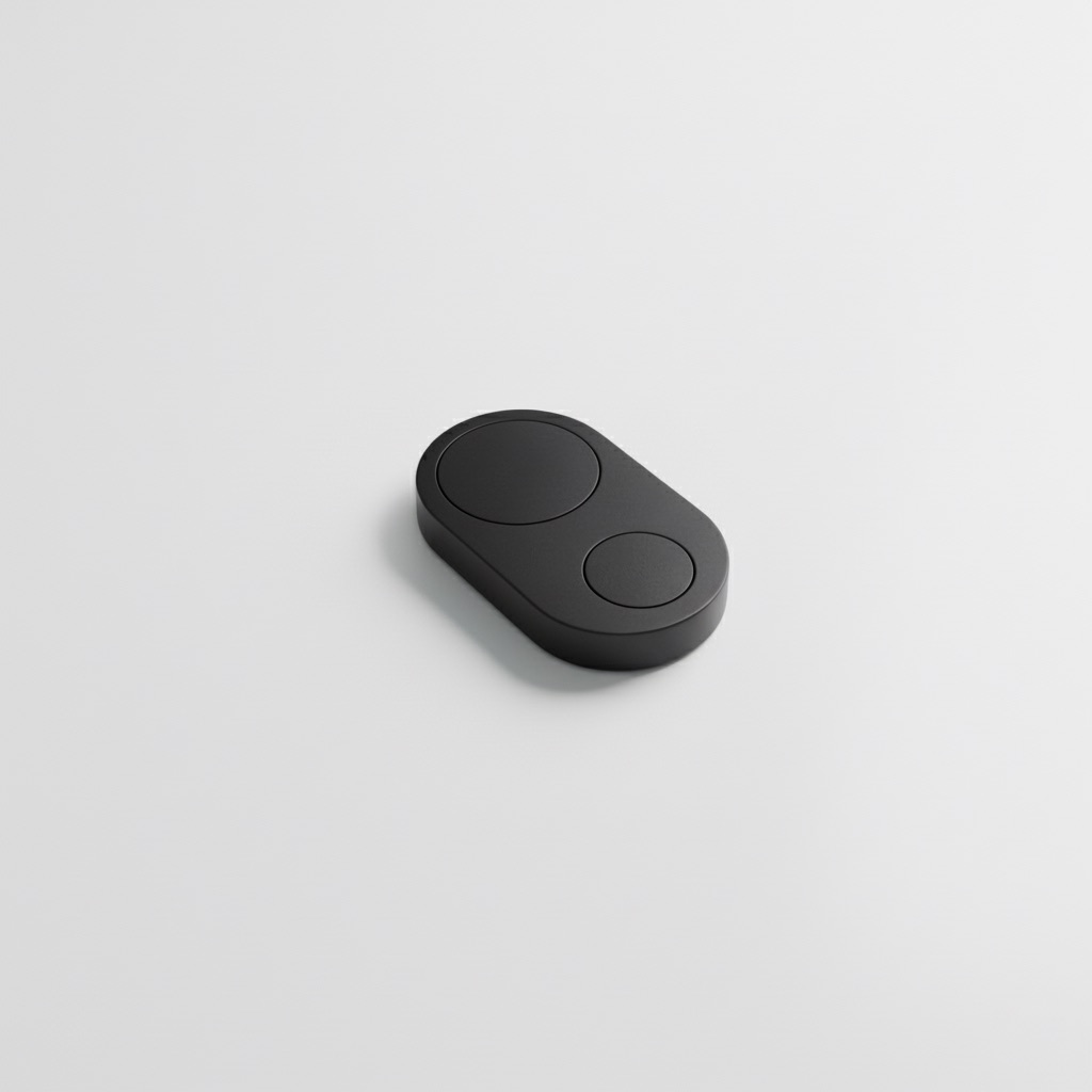 A matte-black Flic Duo, dual-button smart remote, photographed on a clean studio surface — available in matte black or white.