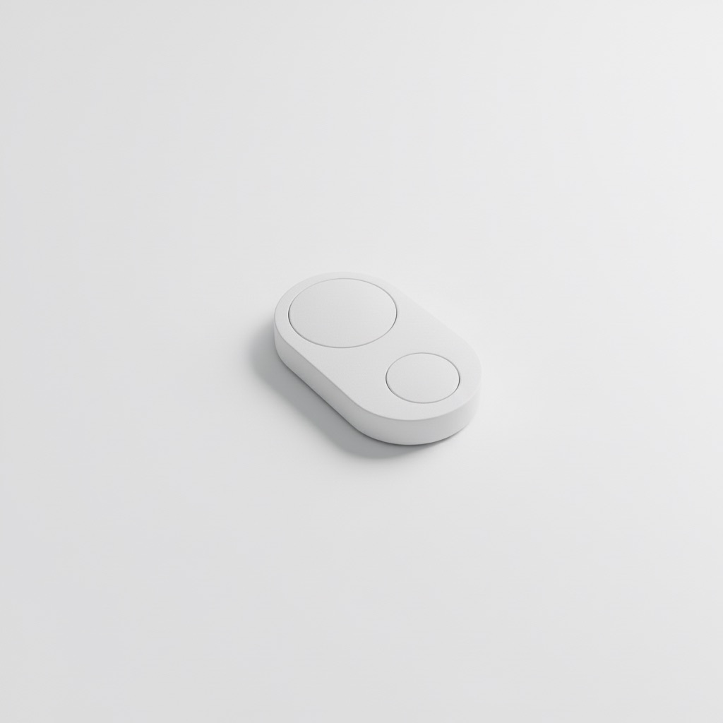 A white Flic Duo, dual-button smart remote, photographed on a clean studio surface.