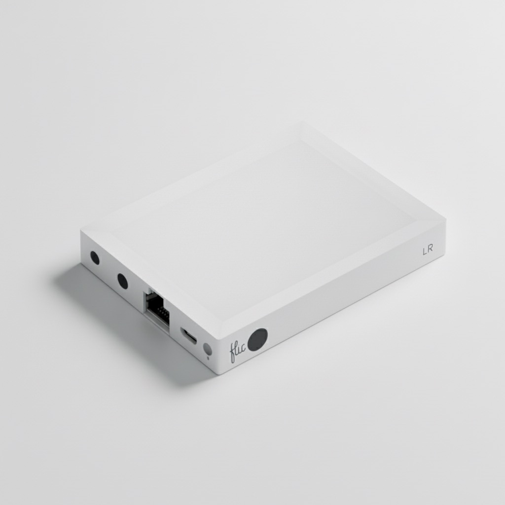 A white Flic Hub LR studio photo with antenna and ports visible.