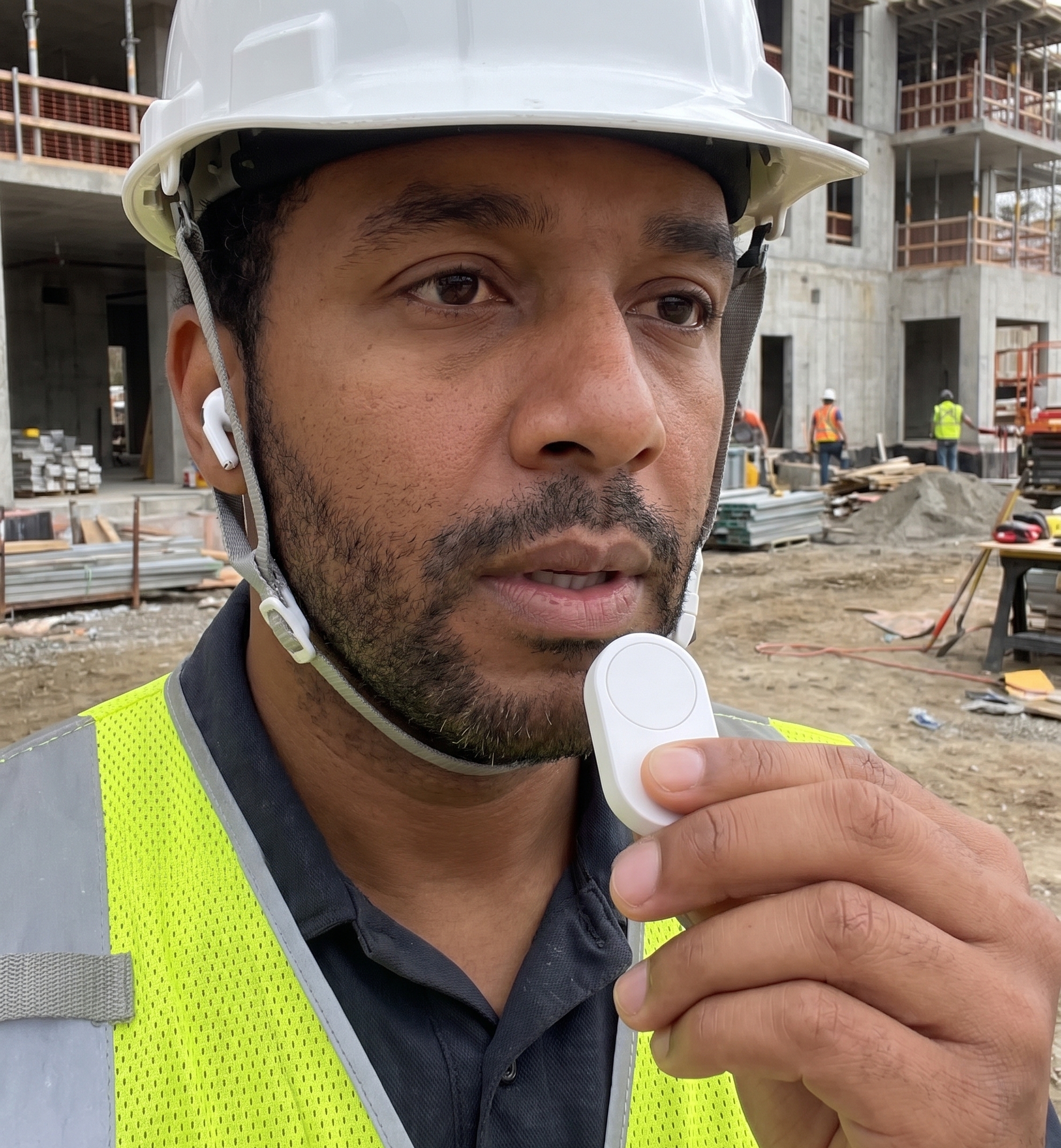 A construction worker in a hard hat and high-vis vest holds a Flic Mic up in a push-to-talk gesture, with an earpiece visible and a building site in the background.