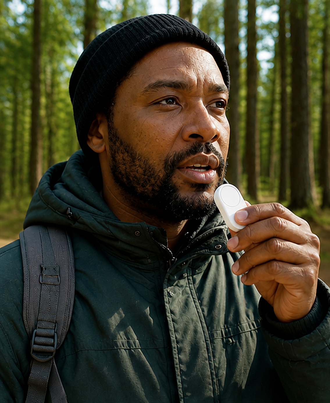 A forester in a beanie and jacket holds a white Flic Mic up to his chin in a push-to-talk gesture, surrounded by tall pines.