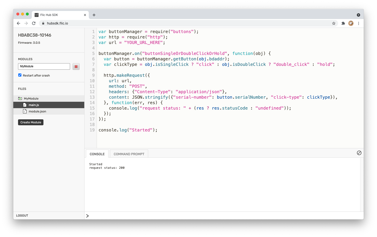 A screenshot of the Flic Hub Studio web IDE.