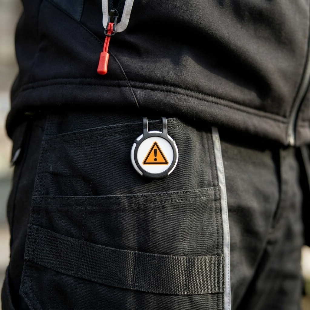 A Flic safety button with an orange warning-triangle face, clipped to the pocket of a lone worker's reflective workwear.