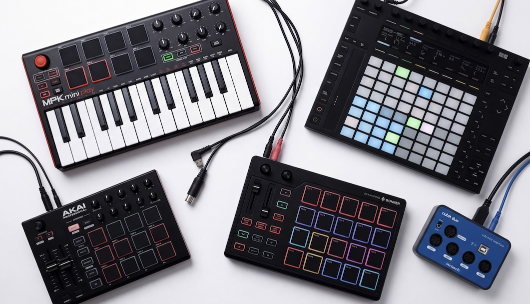 A studio setup with MIDI controllers and Mac, illustrating creative workflow control.