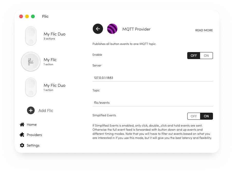A screenshot of the Flic for Mac MQTT configuration screen.