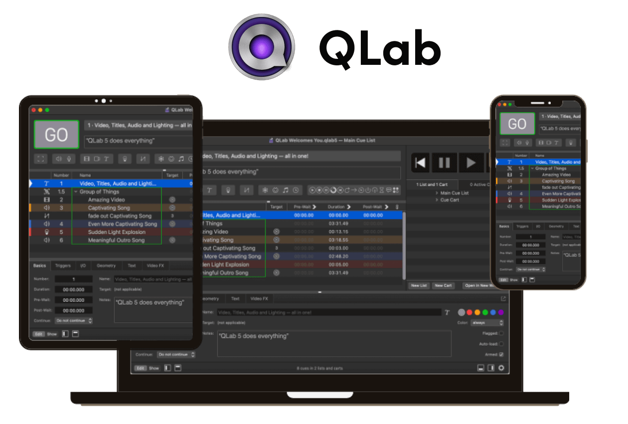 A QLab cue list interface.