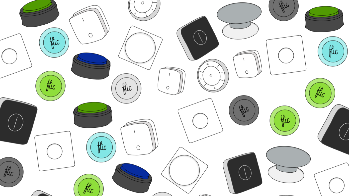 A drawing of the full Flic family of smart buttons in different shapes and colors.