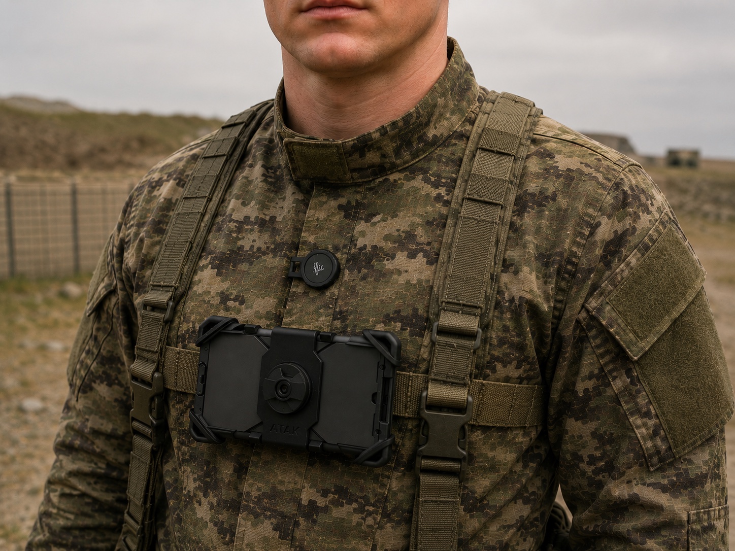 A camouflaged operator with a Flic Smart Button clipped to the chest above a chest-mounted ATAK rugged device.