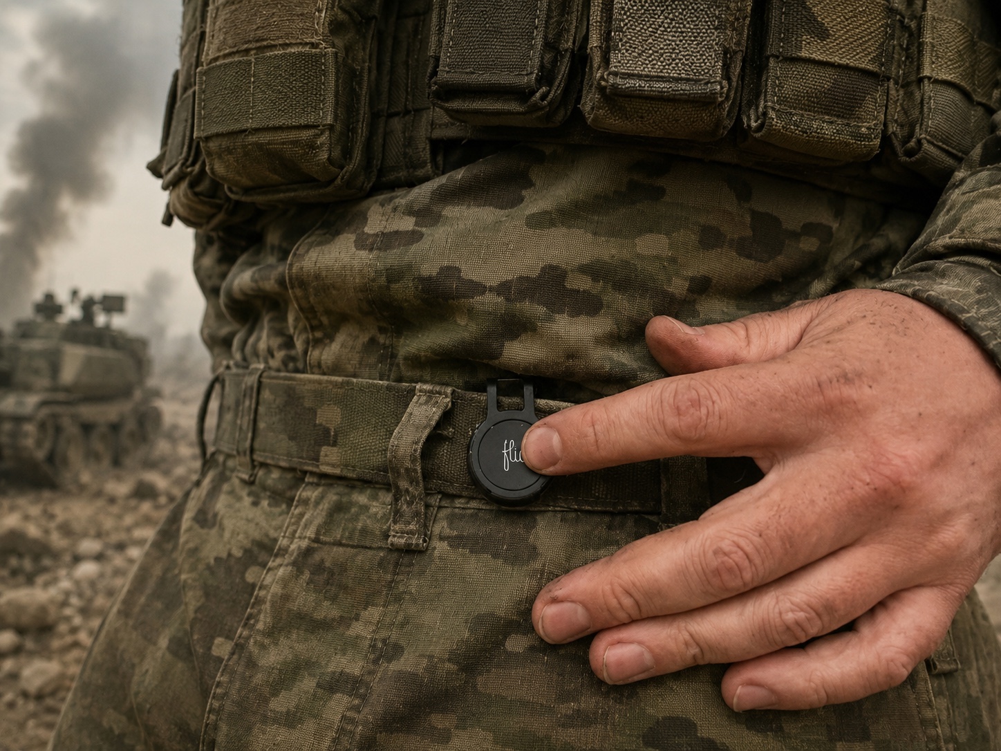 A Flic Smart Button clipped to the belt of an operator standing in a smoke-filled exercise environment with a vehicle in the background.