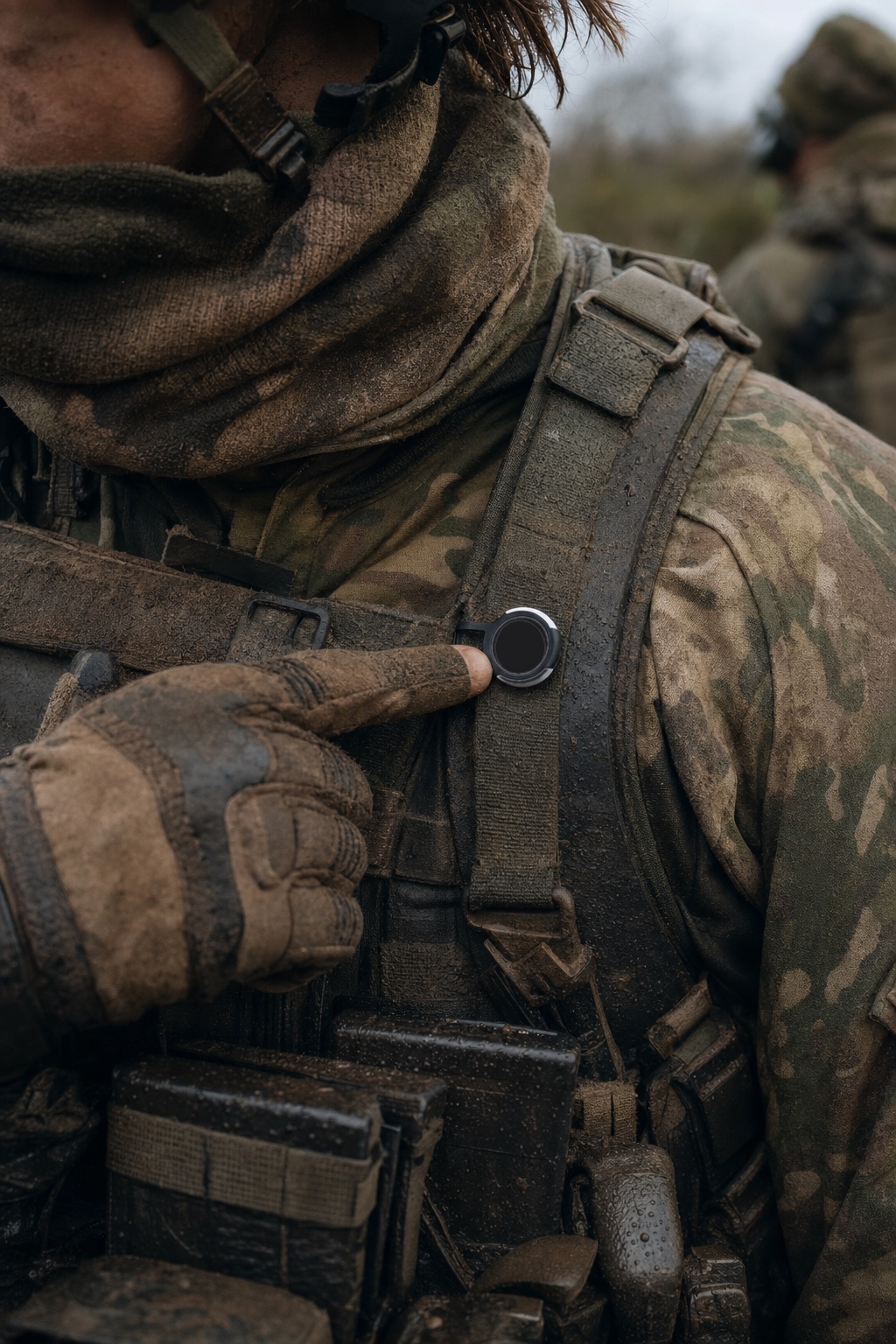 A gloved finger pushing a Flic Smart Button mounted on an operator shoulder strap, muddy field conditions.